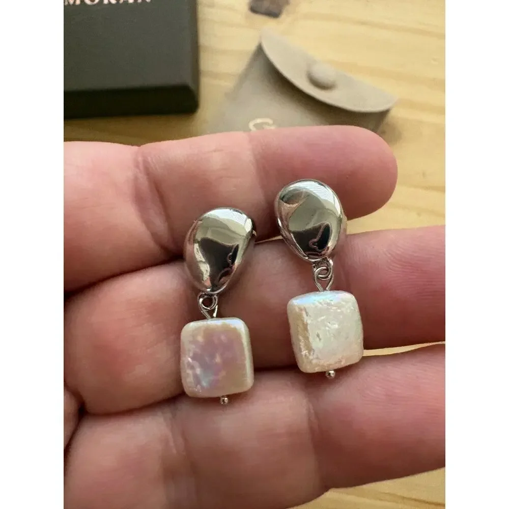 St Moran Square Freshwater Pearl Drop Earrings Silver Plate
